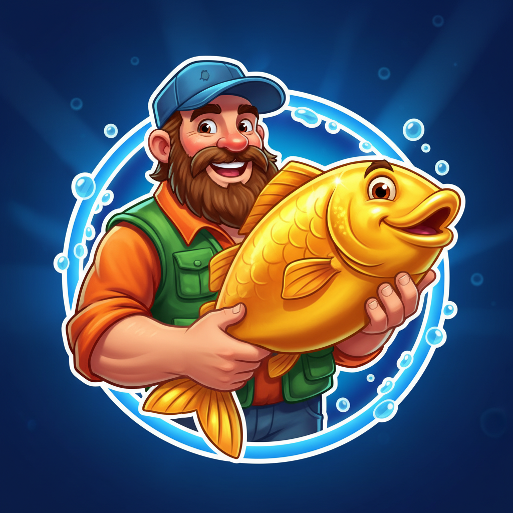 Fisherman Wild symbol - smiling fisherman in green vest and orange shirt holding golden fish